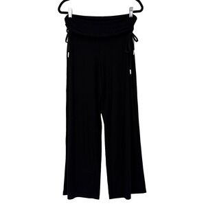 WHBM Yoga The Wide Leg Pants Women Medium Black Jersey Palazzo Stretch Ruched